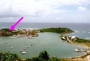 [IMG:Location of the 5 cottages of Les Matins Bleus in Oyster Pond.  (taken from Villa Hope Mountain)]